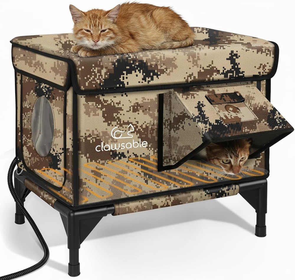 Cozy Heated Waterproof Cat House – Insulated Camouflage Shelter for Winter
