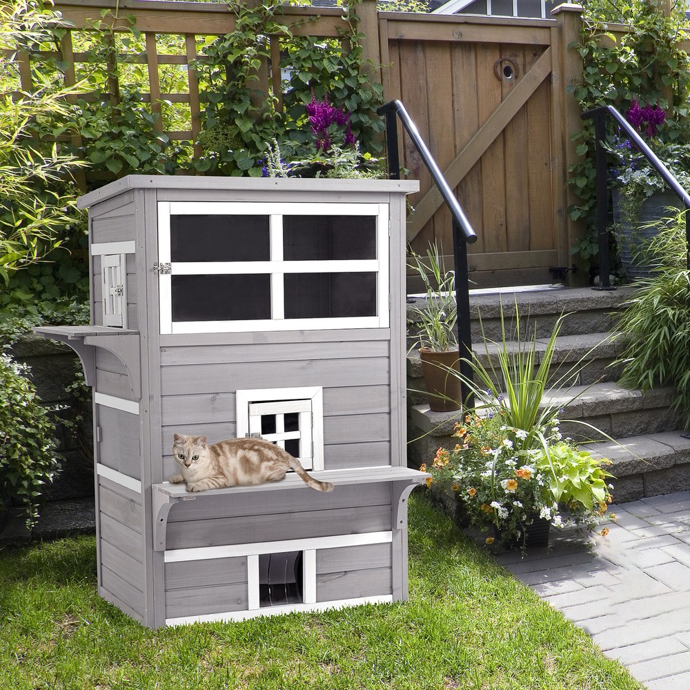 3-Story Cat House with Raised Floor, Escape Doors, Gray