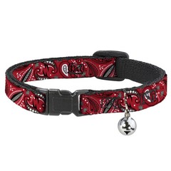 Cat Collar Breakaway with Bell Floral Paisley3 Red/Black/Gray/White NARROW Fits