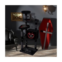 Gothic Cat Tree with Coffin Bed，62.5″ Black Cat Tower with Spacious Demon Sty…