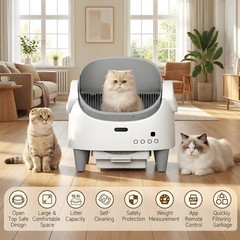 1 Roll Trash Bags Included Grey Open-Top Automatic Self-Cleaning Cat Litter Box,