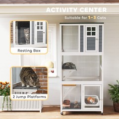 Outdoor Cat House Wooden Catio on Wheels W/ Weather Protection Roof, Gray