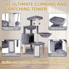 Durable Grey Three-Level Cat Tree with Hammocks – Perfect for Small Breeds