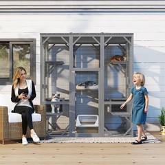 71″ Large Outdoor Cat Enclosure 3 Tier Wooden Cat House Roof 6 Platforms