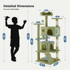 54″ Indoor Cat Tree Tower with Toys,Multi-Level Pet House for Large Cats,Green