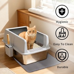 XL Stainless Steel Cat Litter Box Extra Large Litter Pan High Side w/ Scoop Mat