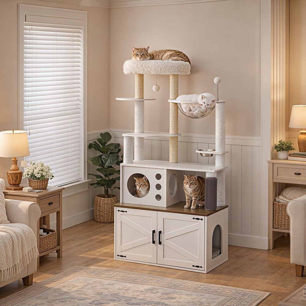 HOOBRO Cat Litter Box Enclosure Furniture 31.5″L x 17.7″W x 65.7″H White