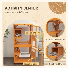 PawHut Wooden Catio Large Cat House Outdoor Enclosure with Wheels, Orange