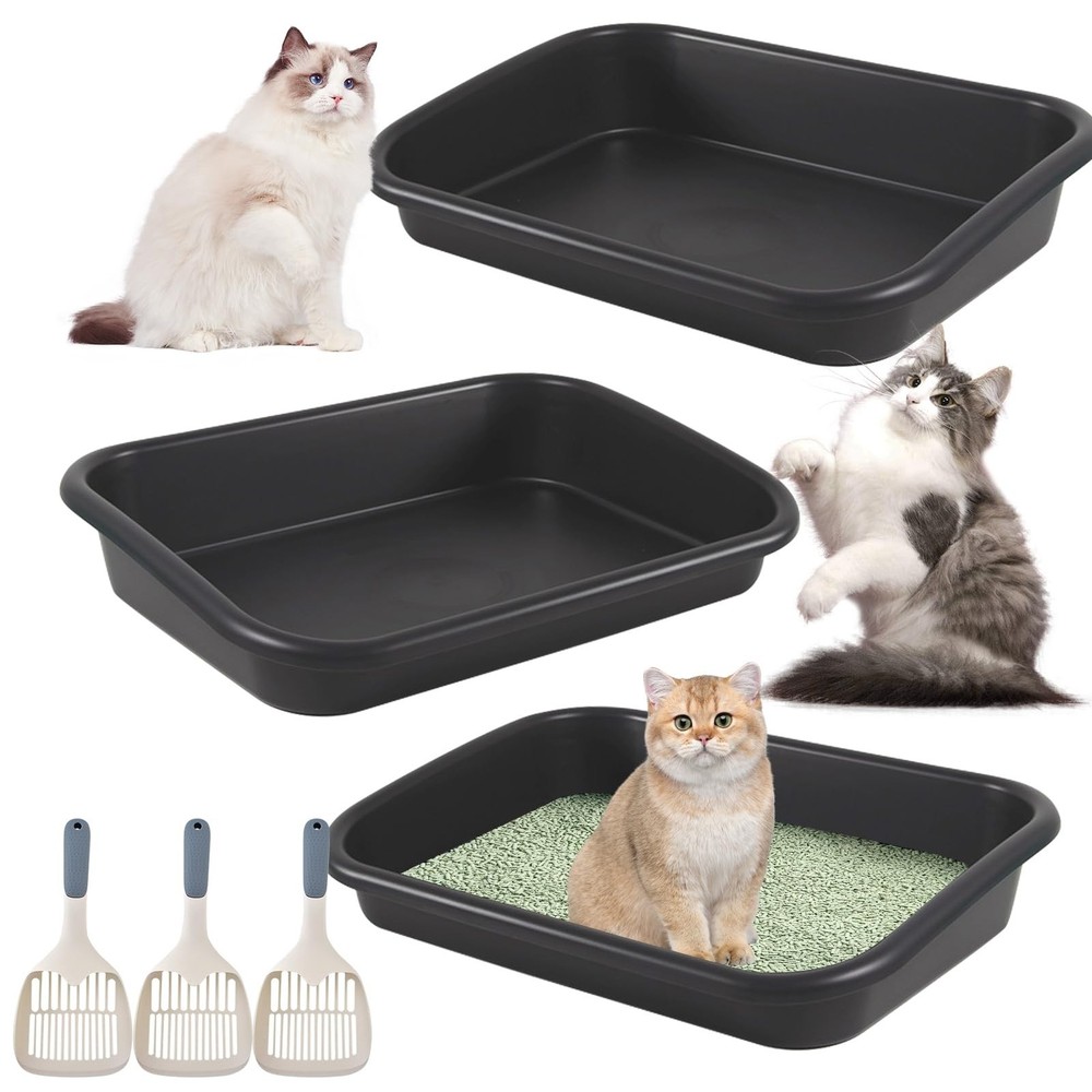 3 Pcs Low Entry Senior Cat Litter Box with Scoop, Extra Large Pet Litter Box …