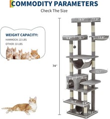 74″ Large Cat Tree for Big Cat Multi-Level Tower w/ Scratching Post Condo Perch