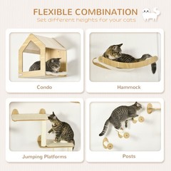 PawHut Cat Wall Shelves w/ Cushion Condo Scratching Posts Hammock 8PCs Oak