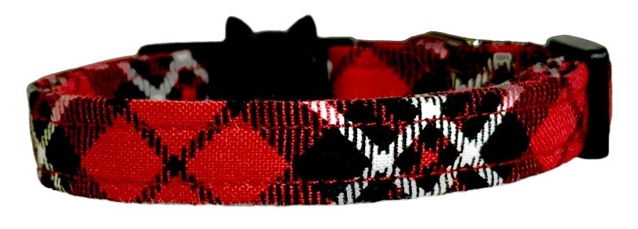 Red Black & White Diagonal Plaid Handmade Safety Cat Collar – ADULT