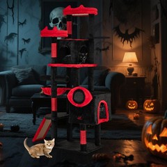 Gothic Cat Tree for Indoor Cats w/2 Cat Condos & 2 Plush Perches, Dangling Balls