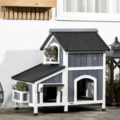 PawHut Outdoor Cat House w/ Flower Pot, Weather Resistant Roof, Window Used