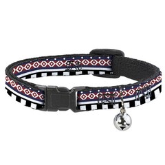 Cat Collar Breakaway with Bell Aztec13 White/Navy/Red/Black NARROW Fits 8.5-12″
