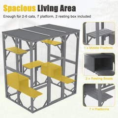 71″ Large Outdoor Cat Enclosure 3 Tier Wooden Cat House Roof 6 Platforms