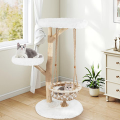 Solid Wood Cat Tree, 48.5” Natural Branch Modern Cat Tower with Luxury Hanging C