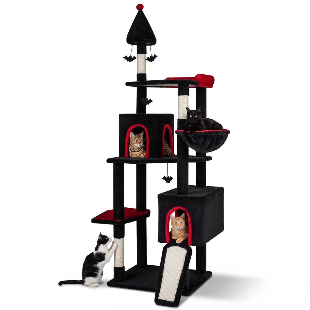 75″ Gothic Cat Tree with 2 Condos, Top Perch, Sisal Scratching Posts & Ramp