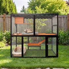 Wooden Catio Outdoor Cat Enclosure Large Cat House with Waterproof Cover Ramp