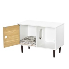 Pine Wood Elevated Cat House with Bed and Large Door for Small Animals, White