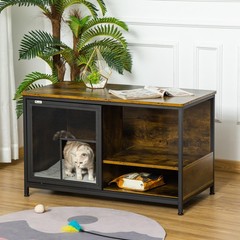 Wooden Cat House End Table, Elevated Kennel Pet Bed w/ Cushion, Rustic Brown