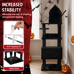 Gothic Cat Tree, 70” Cat Tower w Castle, House, Coffin Bed, Spider Hanging Balls