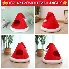Cat Bed Christmas Hat Tent House Self-Warming 2 in 1 Removable Cave Red