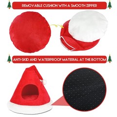 Cat Bed Christmas Hat Tent House Self-Warming 2 in 1 Removable Cave Red