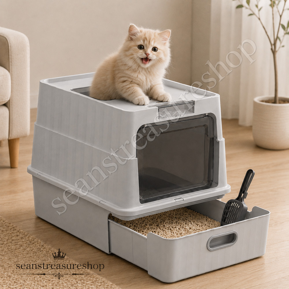 Gray Enclosed Cat Litter Box Pull Out Drawer High Sided Easy Clean Covered Toile