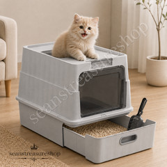 Gray Enclosed Cat Litter Box Pull Out Drawer High Sided Easy Clean Covered Toile