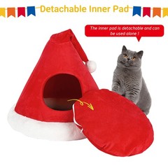 Cat Bed Christmas Hat Tent House Self-Warming 2 in 1 Removable Cave Red