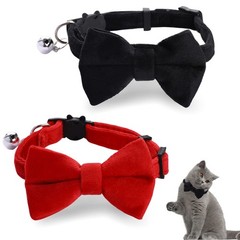 2 Pcs Velvet Cat Collars with Bell Black Red Adjustable Kitten Collars