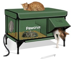 Pawcrux Indoor & Outdoor Elevated Cat House Shelter w/ Escape Door Green