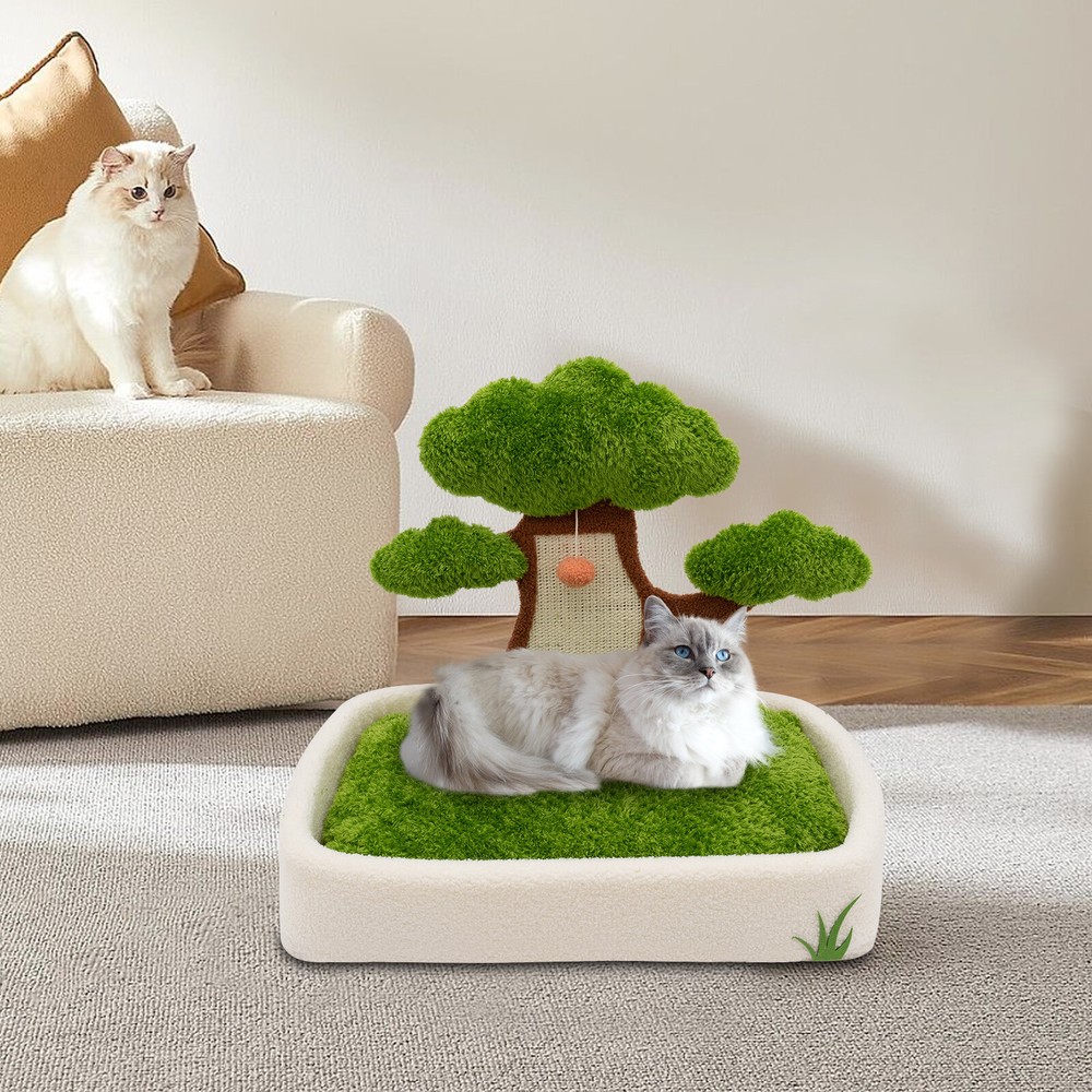 23.6” Green Tree Cat Bed Cat Cozy Condo with Scratching Post Padded Bed