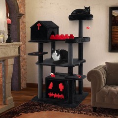 Gothic Cat Tree 49″ Tall Cat Tower w/ Coffin Bed & 2 Condos & Cozy Perch,