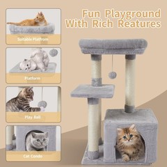 Stylish Indoor Cat Furniture – 3-Level Grey Cat Tower with Jump Platforms
