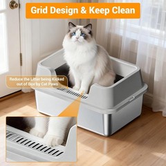 XL Cat Litter Box Stainless Steel Litter Pan Open Top with Scoop & Litter Mat