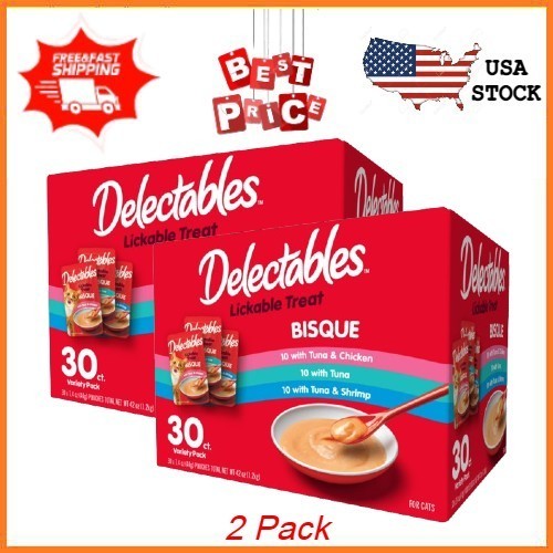 2 pack Hartz Delectables Bisque Lickable Wet Cat Treats Variety Pack, 30 Count