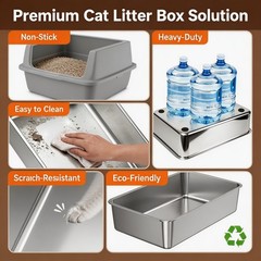 Anti-Leak Step Equipped Stainless Steel Cat Litter Box, XL High Sided Open Top M