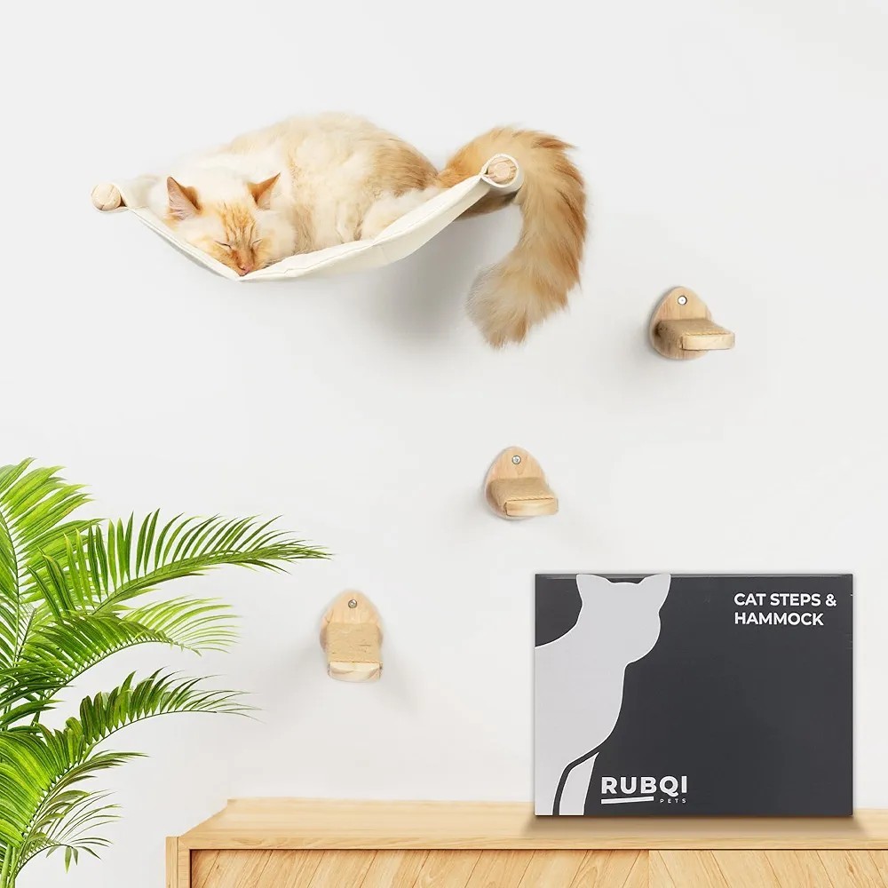 Rubqi Cat Hammock Cat Wall Shelves with 3 Steps, Parisian Script Print