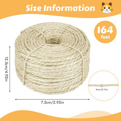 164 Feet Sisal Rope for Cat Scratching Post, 1/6 Inch Natural Cat Tree Rope