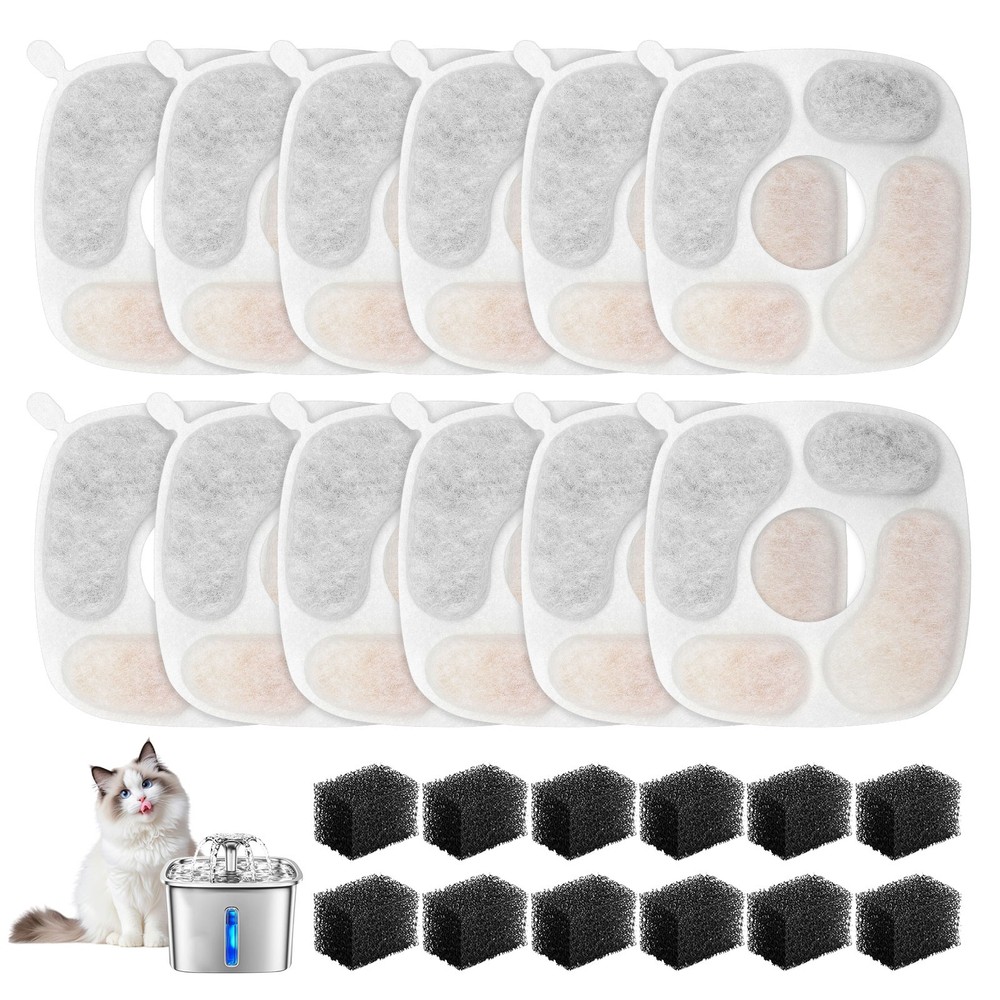 24x Replacement Filters & Pre-Filter Sponges for Cat Dog Pet Water Fountain 2–4L