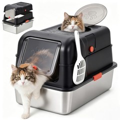 XL Stainless Steel Cat Litter Box Dog Proof Litter Pan High Side with Lid Scoop
