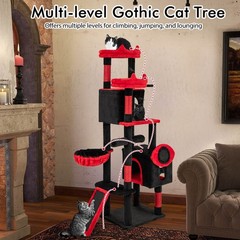 Gothic Cat Tree for Indoor Cats w/2 Cat Condos & 2 Plush Perches, Dangling Balls
