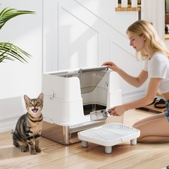 PawHut XL Stainless Steel Litter Box with 100° Flip Top, Scoop, Step