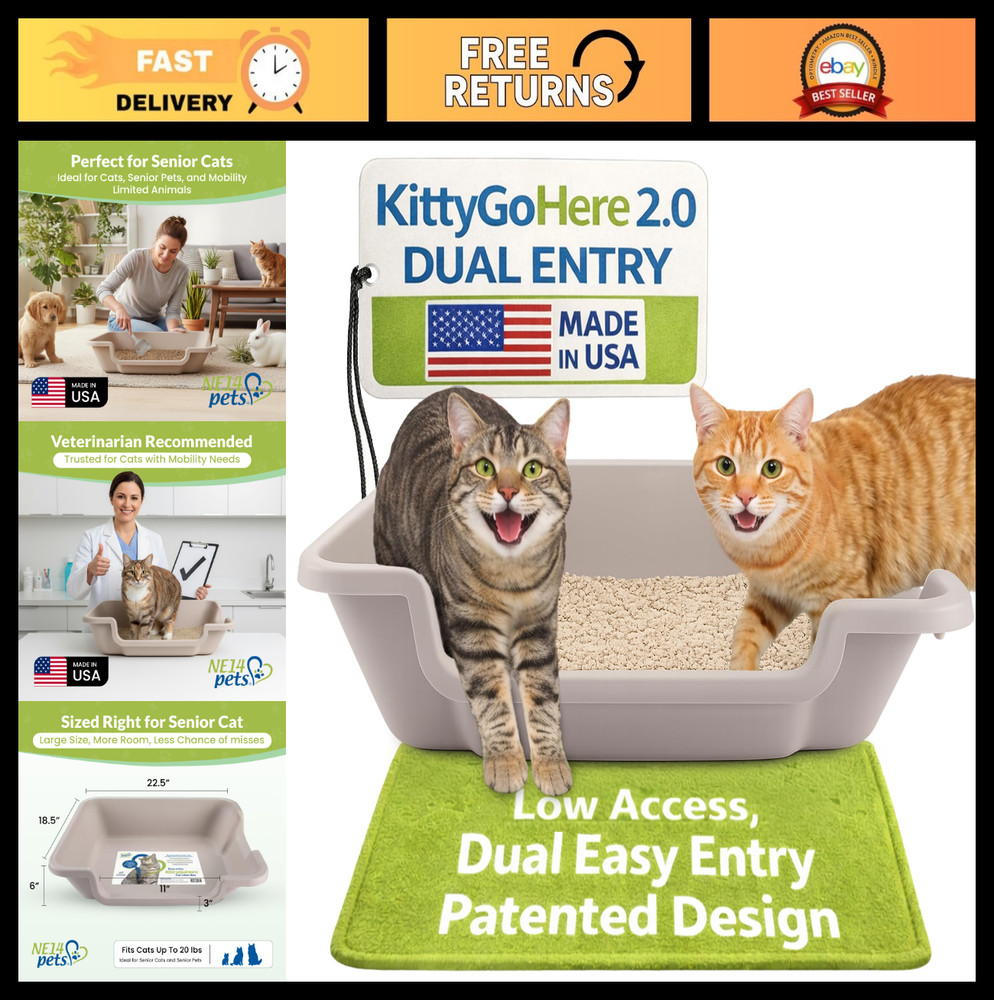 Large Open-Top Cat Litter Box – Easy Entry Low Entrance Pan for Seniors & Arthri
