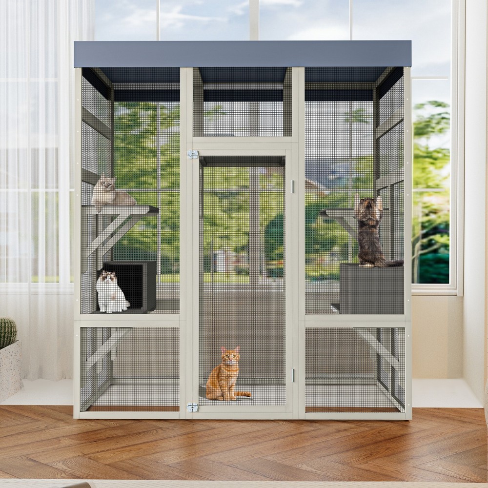 70.1″ H Outdoor Cat House Enclosure Catio Wooden Large Cage Pet with Platforms
