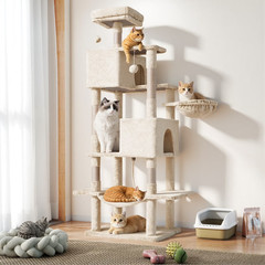 Beige 66-Inch Cat Tower with Spacious Condo and Climbing Features