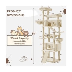80 Inch Cat Tree, Large Cat Tower with 9 Scratching Posts, 2 Perches, 2 Caves…