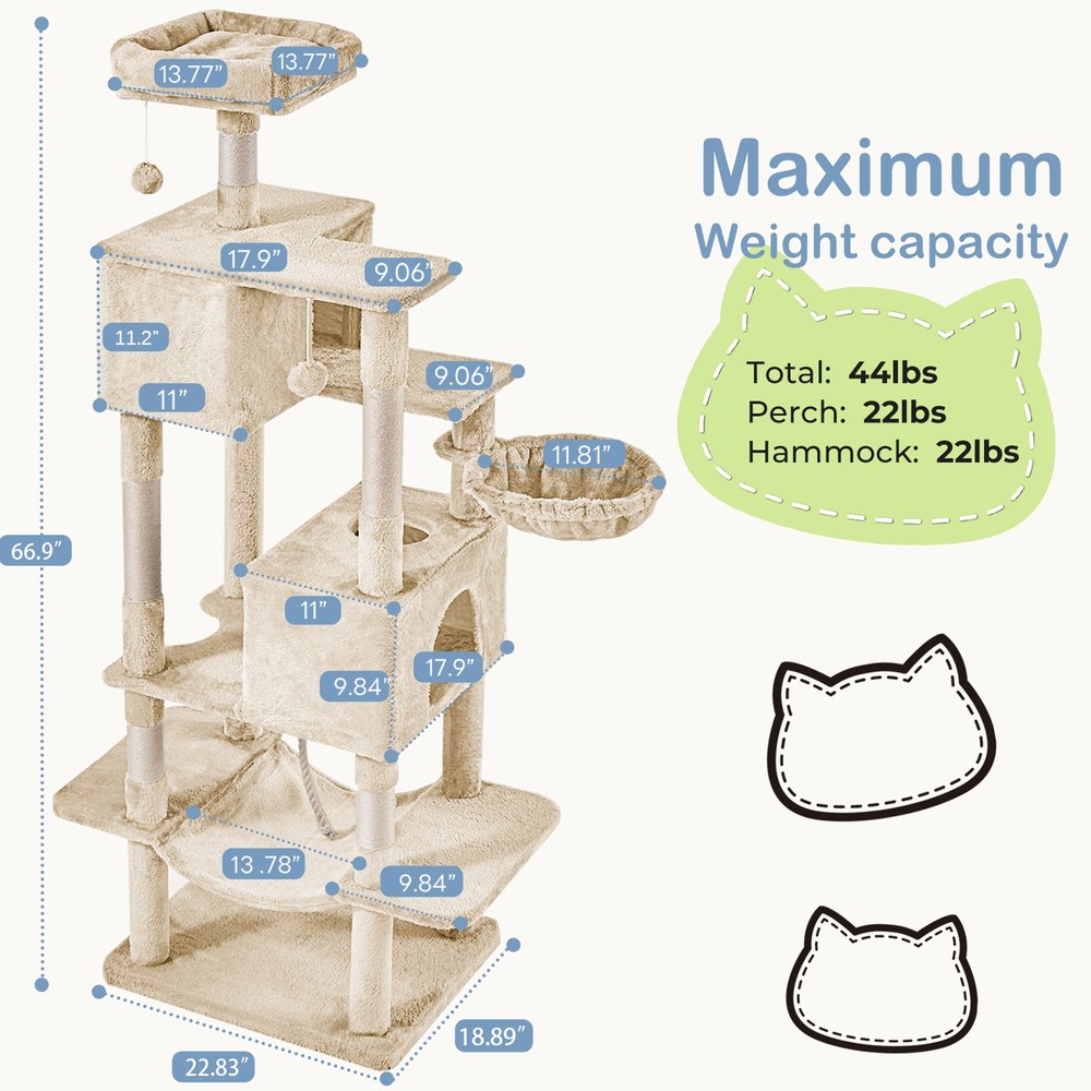 Cat Tree Tower 66 Inch, Multi-Level Cat Climbing Tower with Natural Sisal